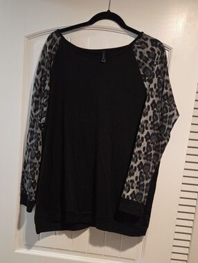 Allegrace Long Sleeves Leopard Print Patchwork Blouse Black & Gray 18W
